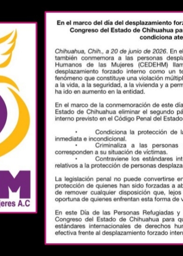 CEDEHM pide al Congreso de Chihuahua eliminar obstáculo legislativo que condiciona atención a víctimas