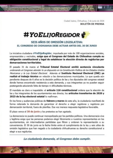 #YoElijoRegidor exige aprobar la elección directa de regidurías por demarcación territorial